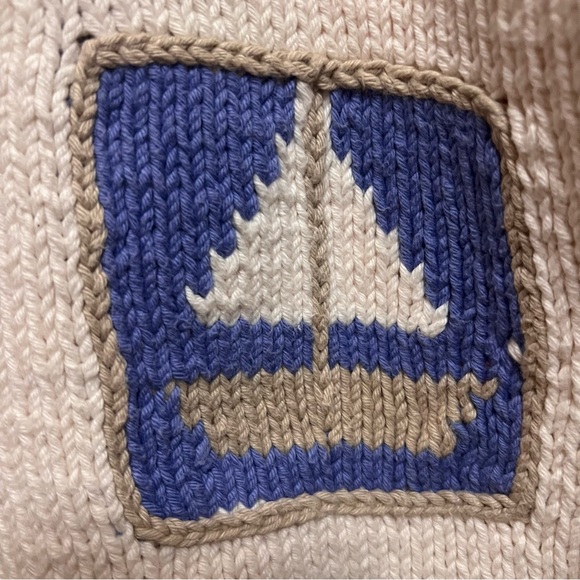 VINTAGE Hand Knit Sweater Cream Sailboat Patch Cotton Nautical Pullover - Picture 3 of 8